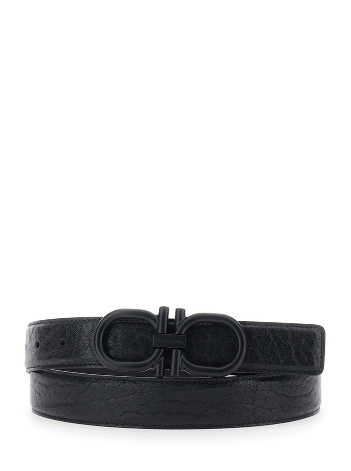 Black Belt with Gancini Buckle on the Front In Leather for Men Calf