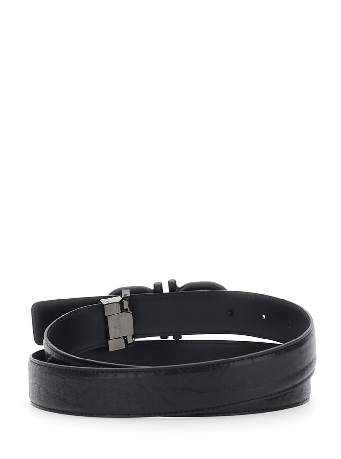 Black Belt with Gancini Buckle on the Front In Leather for Men Calf