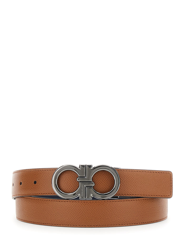 Reversible Belt with Gancini Buckle on the Front in Grained Brown Leather for Men Calf