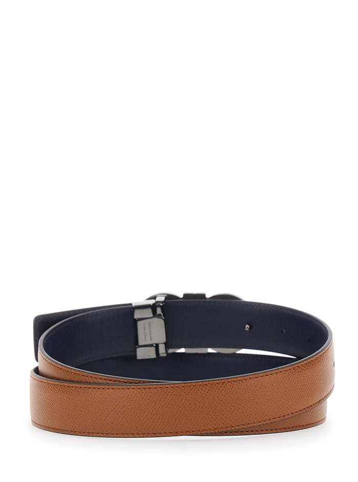 Reversible Belt with Gancini Buckle on the Front in Grained Brown Leather for Men Calf