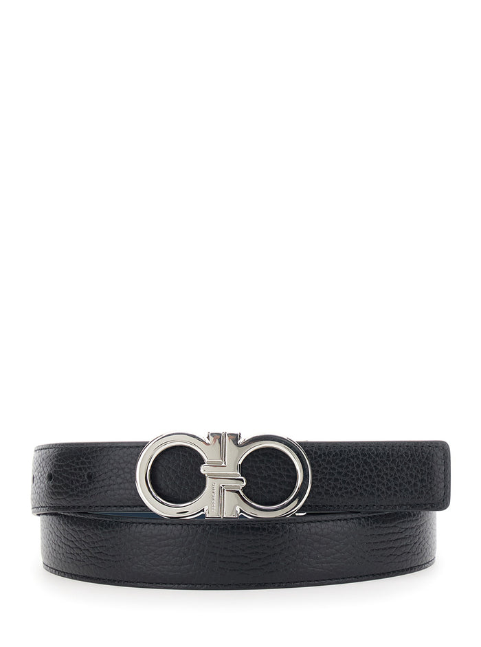Black Reversible Belt with Gancini Buckle in Hammered Leather for Men Calf