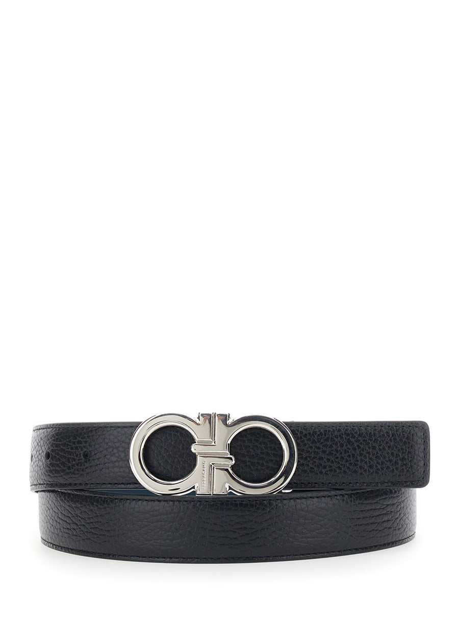 Reversible Belt Gancini Buckle Hammered Leather Black Calf