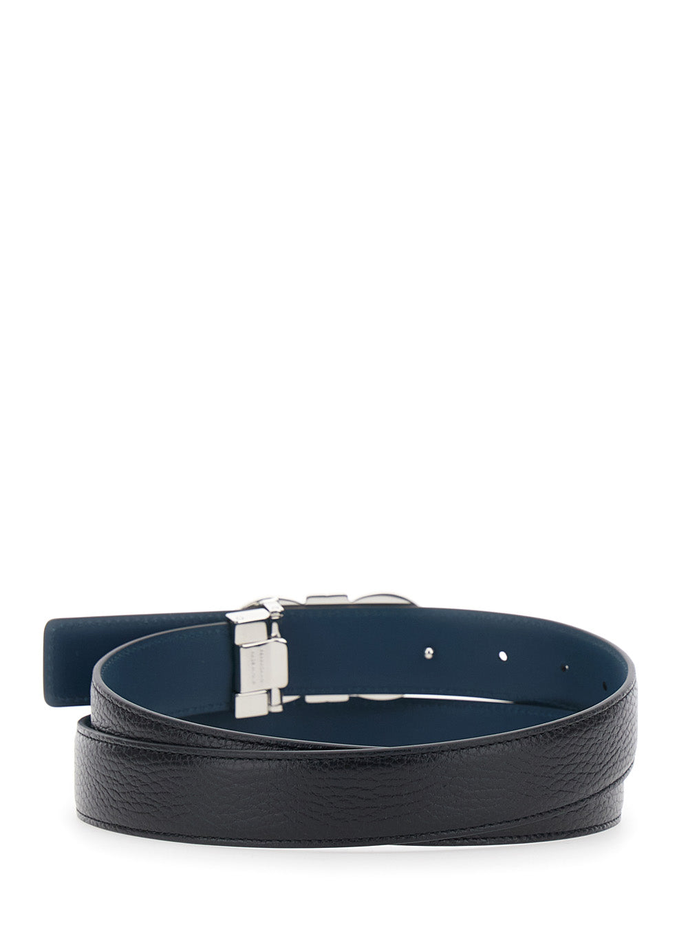 Black Reversible Belt with Gancini Buckle in Hammered Leather for Men Calf