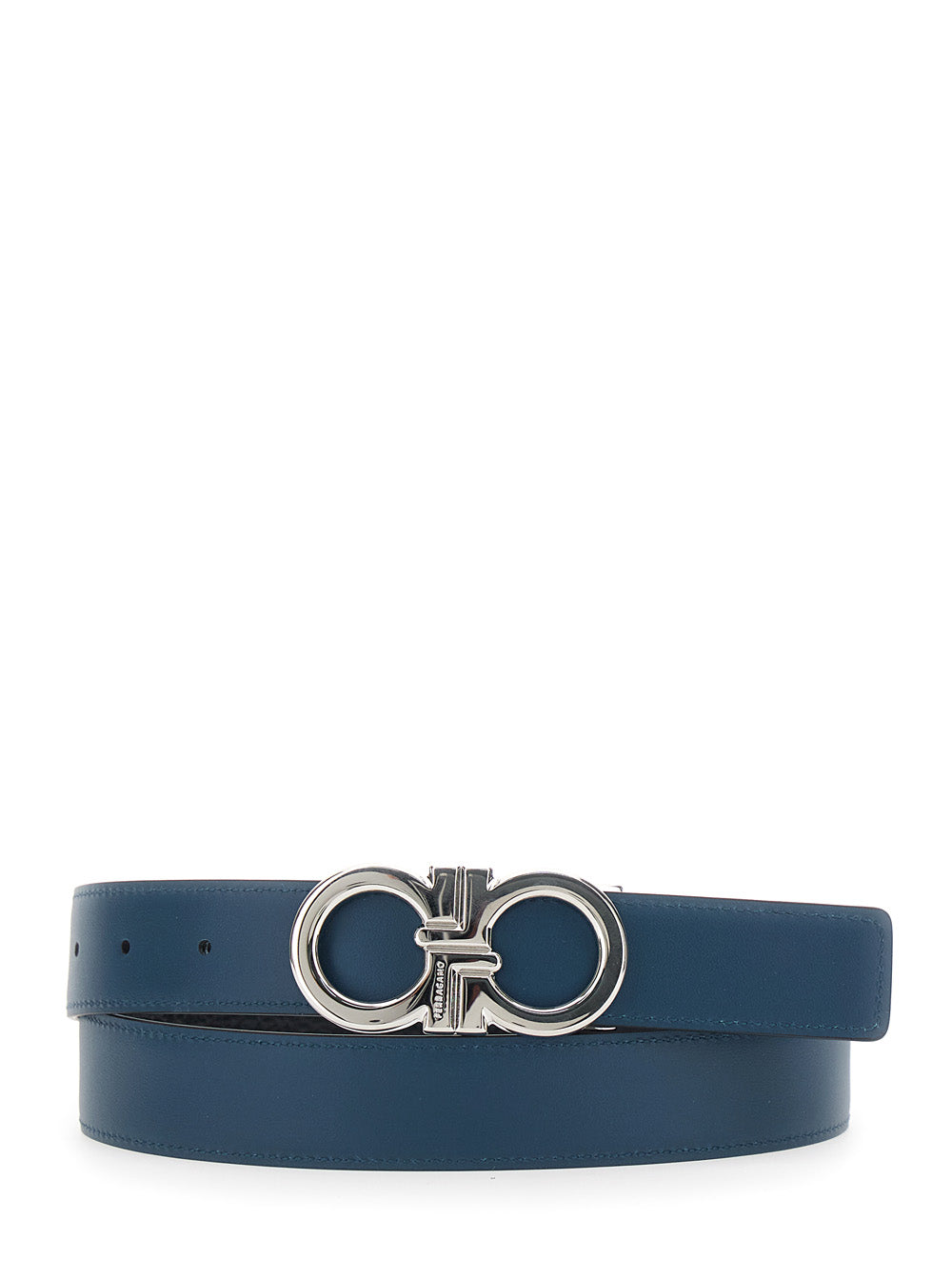 Black Reversible Belt with Gancini Buckle in Hammered Leather for Men Calf