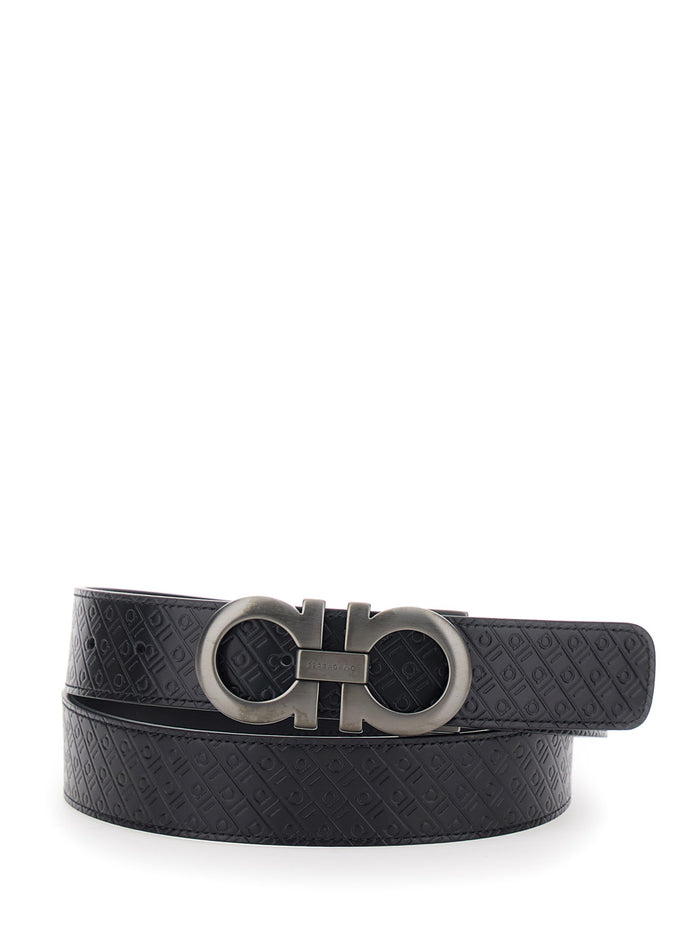 Black Reversible Belt With Gancini Buckle Leather For Men