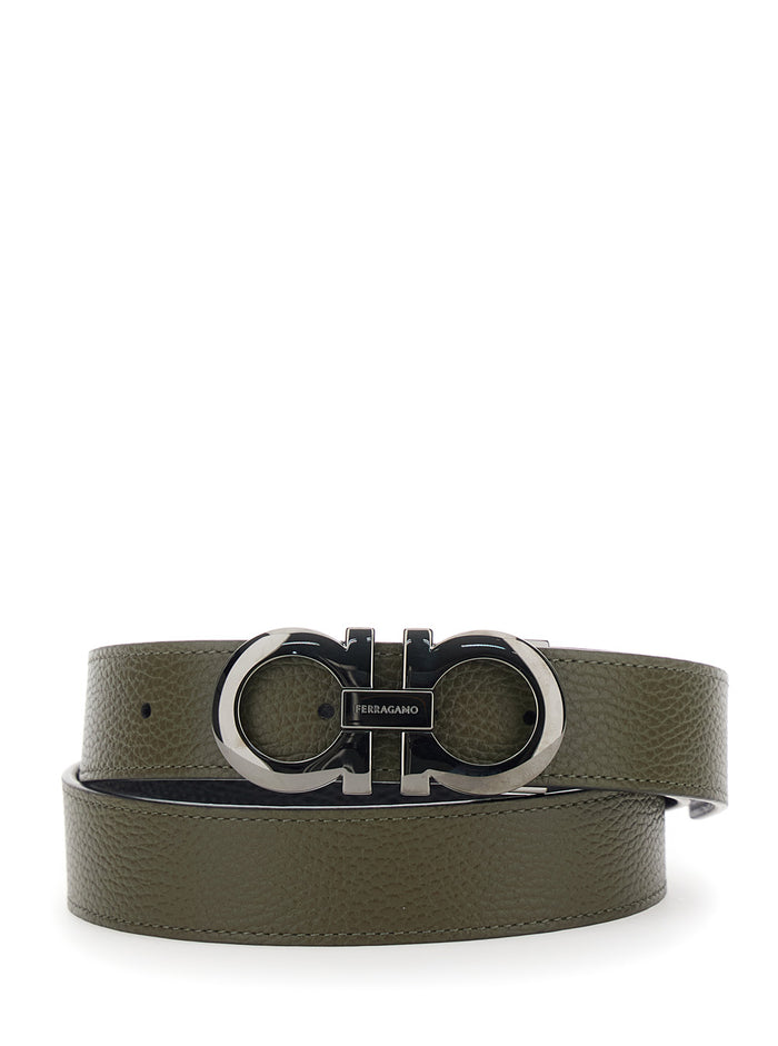 Black Reversible Belt with Gancini Buckle Closure in Grained Leather Man Green Calf