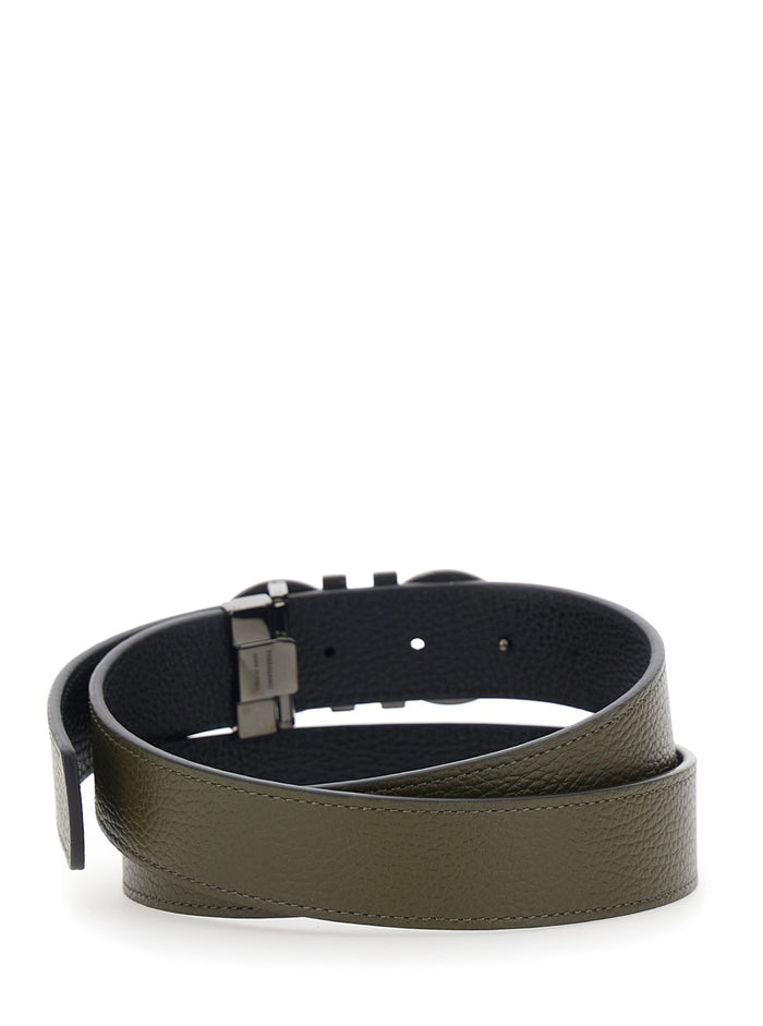 Black Reversible Belt with Gancini Buckle Closure in Grained Leather Man Green Calf