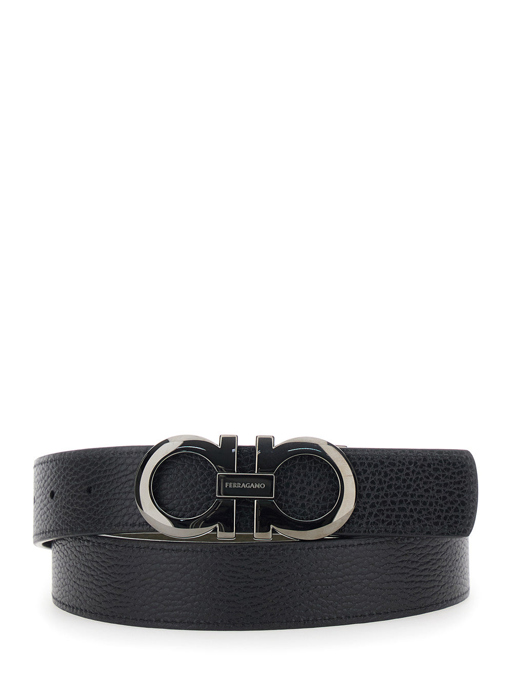 Black Reversible Belt with Gancini Buckle Closure in Grained Leather Man Green Calf