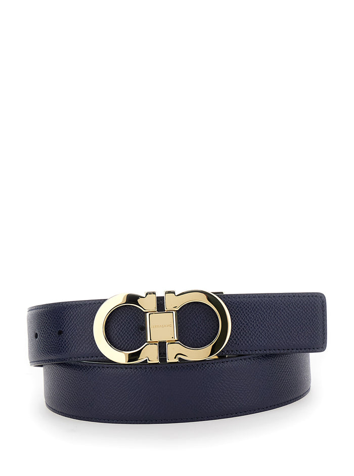 Black Reversible Belt with Gancini Buckle on the Front in Leather Man Blu Calf