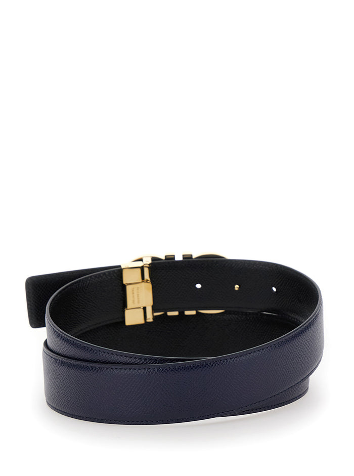 Black Reversible Belt with Gancini Buckle on the Front in Leather Man Blu Calf