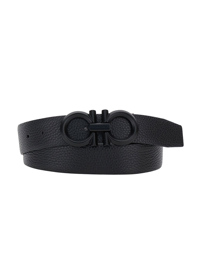 Black Belt With Gancini Buckle Tone-On-Tone Hammered Leather For Men