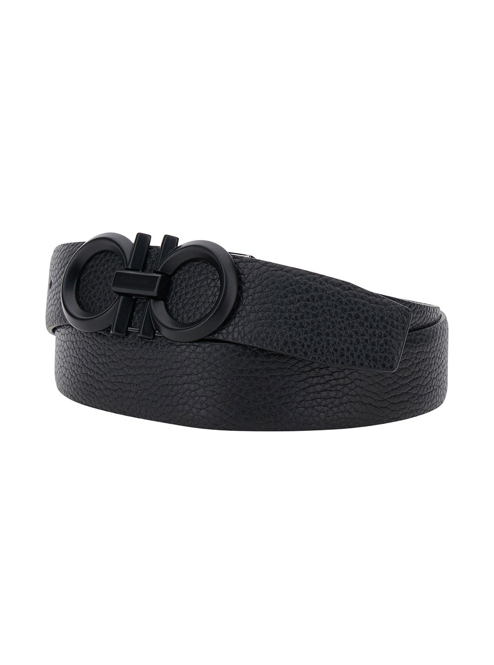 Black Belt With Gancini Buckle Tone-On-Tone Hammered Leather For Men