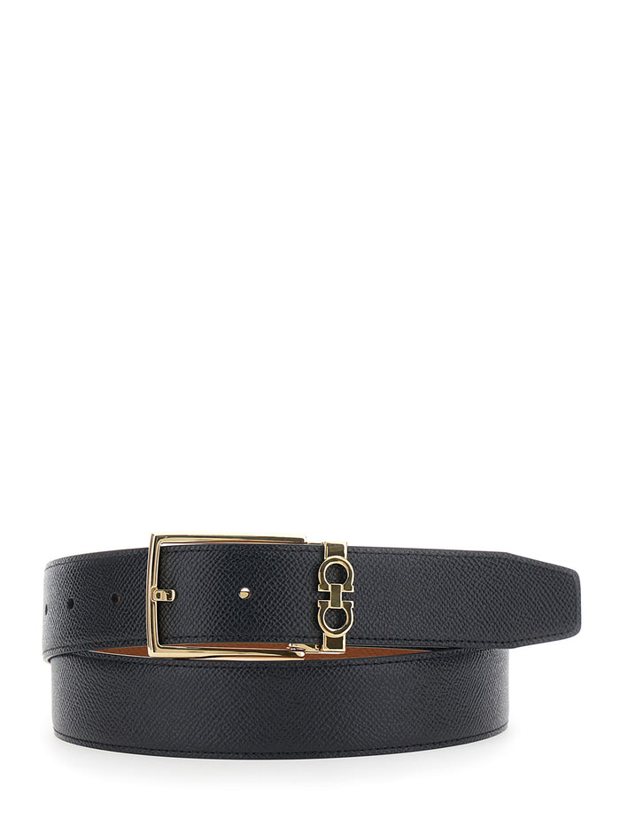 Black Reversible Belt with Gancini Buckle in Hammered Leather for Men Calf