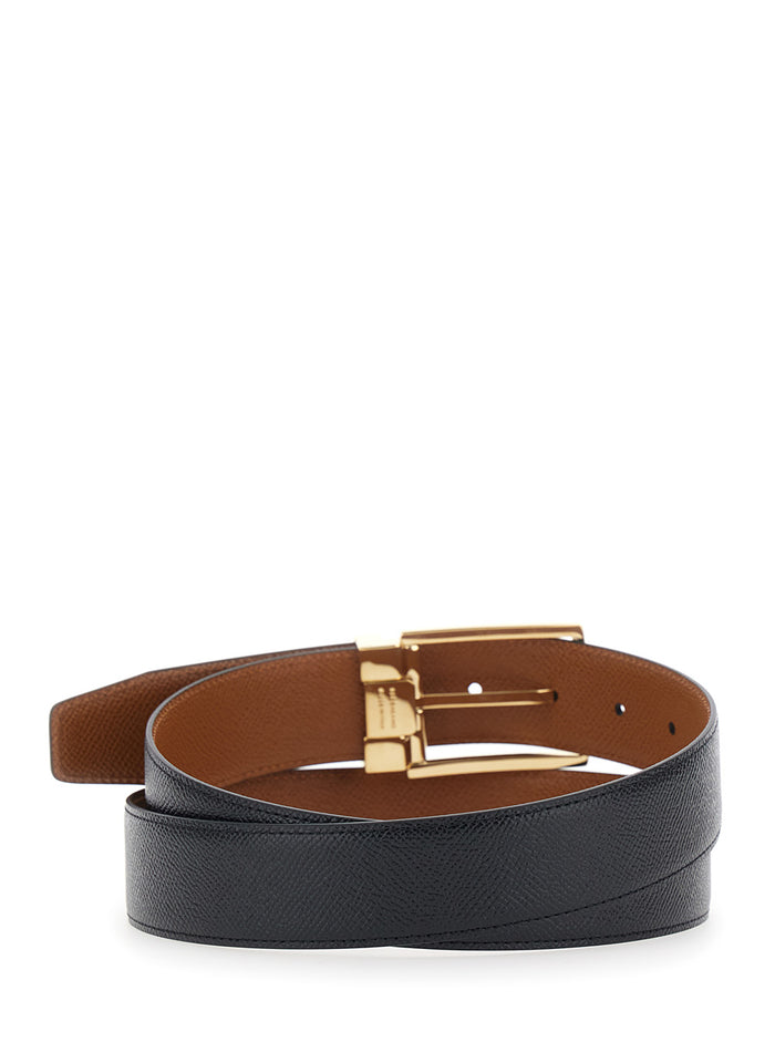 Black Reversible Belt with Gancini Buckle in Hammered Leather for Men Calf
