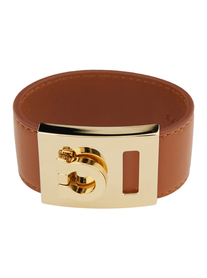 Hug Bracelet with Gancini Detail in Brown Smooth Leather for Women Lamb Brass