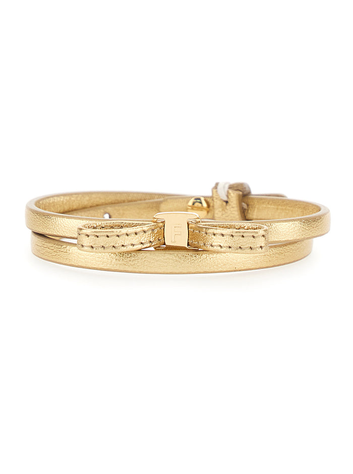 Bracelet with Logo Plate and Bow Decoration in Gold-Colored Brass for Women Metallic Calf Leather