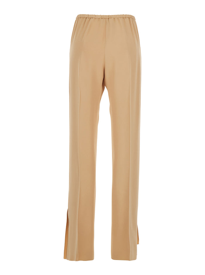 Beige Elasticated Waist Pants in Viscose Blend for Women Acetate Trousers