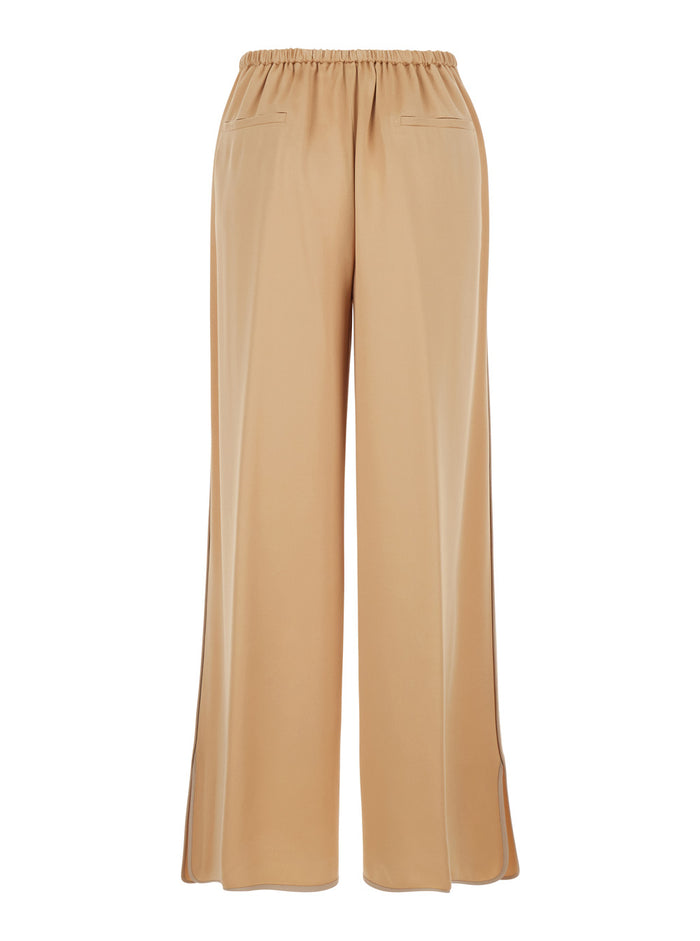 Beige Pants with Elasticized Back Waist and Wide Leg in Viscose Blend for Women Acetate Trousers