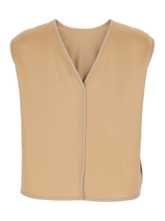 Sleeveless Top Beige with V-Neck on the Back in Viscose Blend for Women Acetate Tops