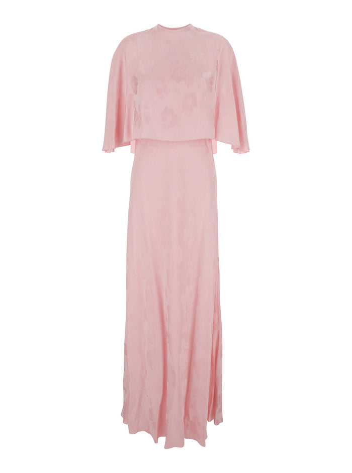 Pink Long Dress With All-Over Floral Embroidery And Coordinated Cape Viscose Women
