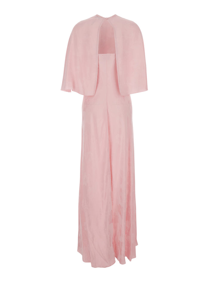 Pink Long Dress With All-Over Floral Embroidery And Coordinated Cape Viscose Women