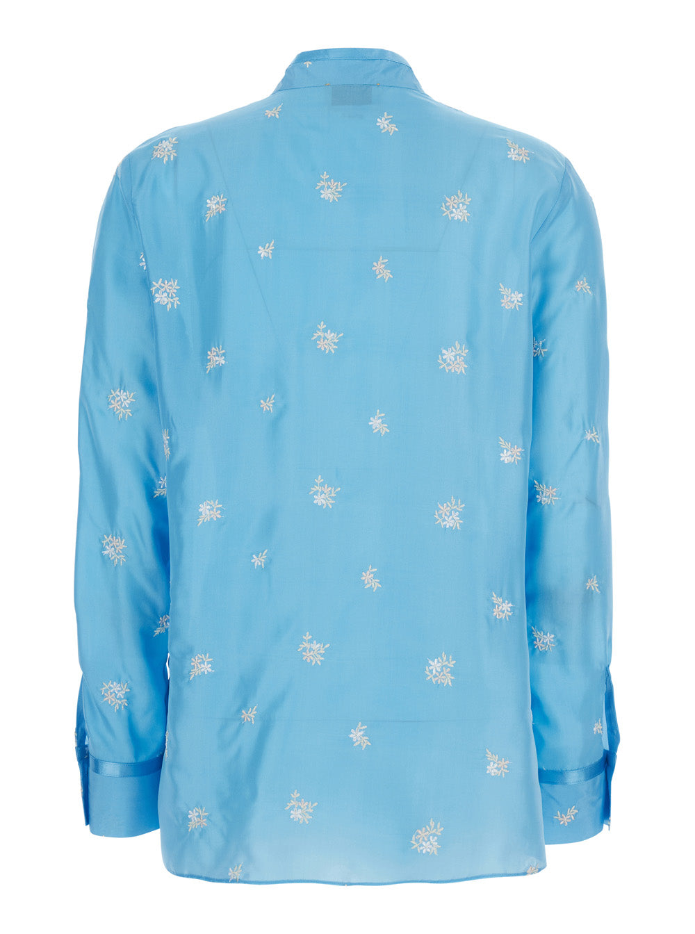Light Blue Shirt With All-Over Floral Motif And Long Sleeves Silk Women Blouses