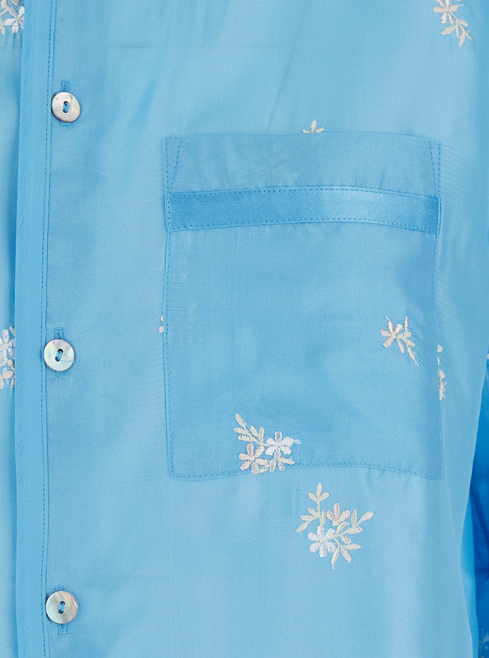Light Blue Shirt With All-Over Floral Motif And Long Sleeves Silk Women Blouses