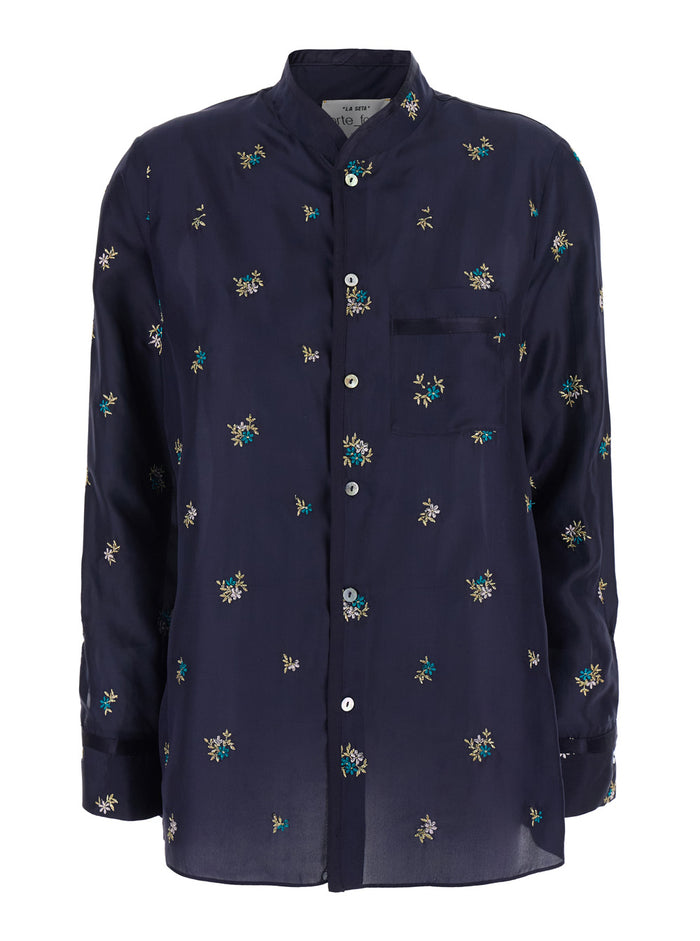 Silk Shirt With Petites Fleurs Embroidery Blue Women Blu And Blouses