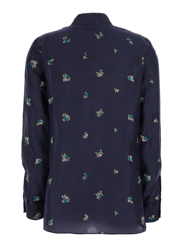 Silk Shirt With Petites Fleurs Embroidery Blue Women Blu And Blouses