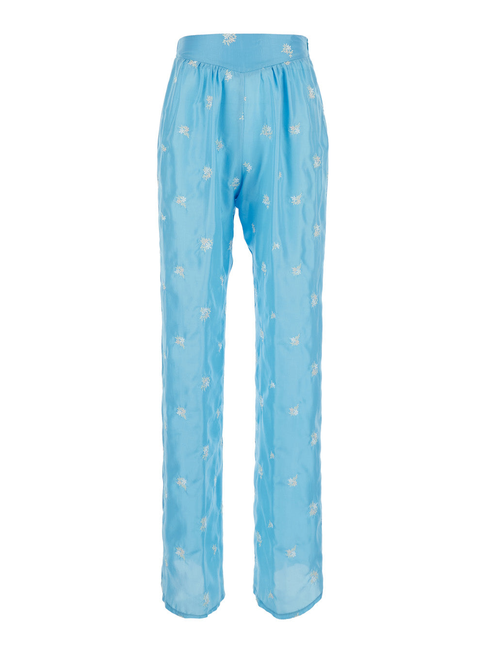 Petites Fleurs Embroidery Silk Flared Pants - Light Blue Floral Embroidered Women Trousers