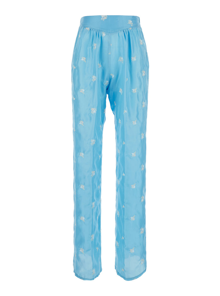Petites Fleurs Embroidery Silk Flared Pants - Light Blue Floral Embroidered Women Trousers
