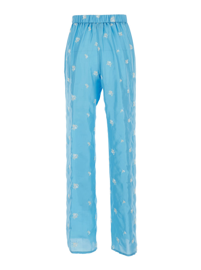 Petites Fleurs Embroidery Silk Flared Pants - Light Blue Floral Embroidered Women Trousers