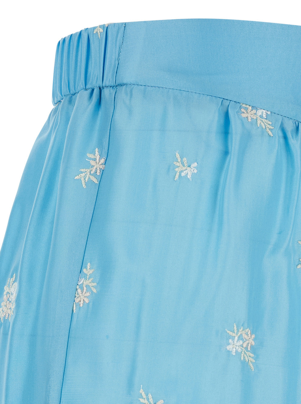 Petites Fleurs Embroidery Silk Flared Pants - Light Blue Floral Embroidered Women Trousers