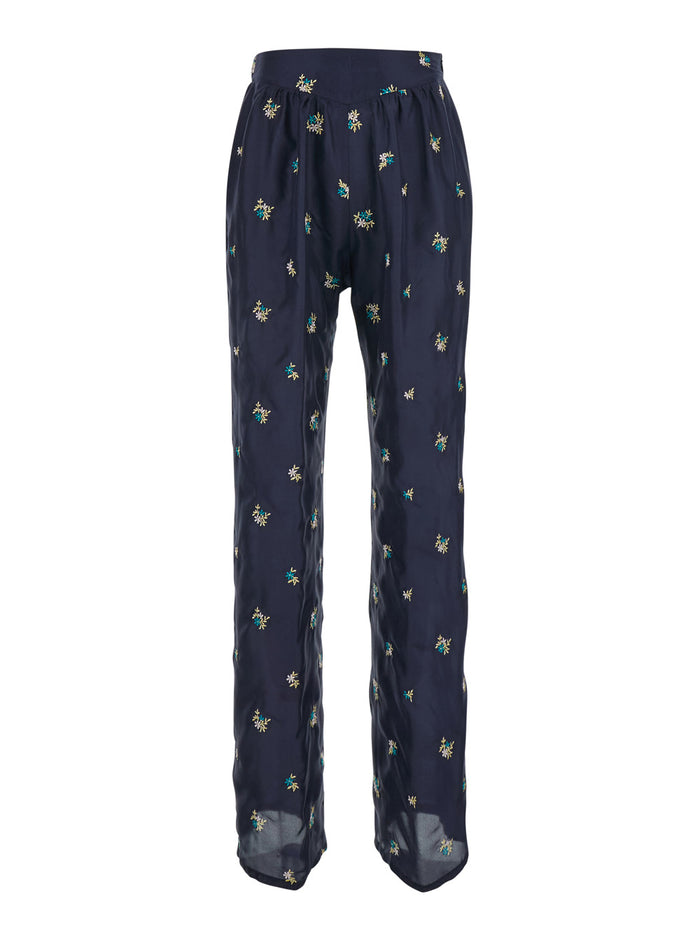 Petites Fleurs Embroidery Silk Flared Pants - Blue With Floral In Women Blu Trousers