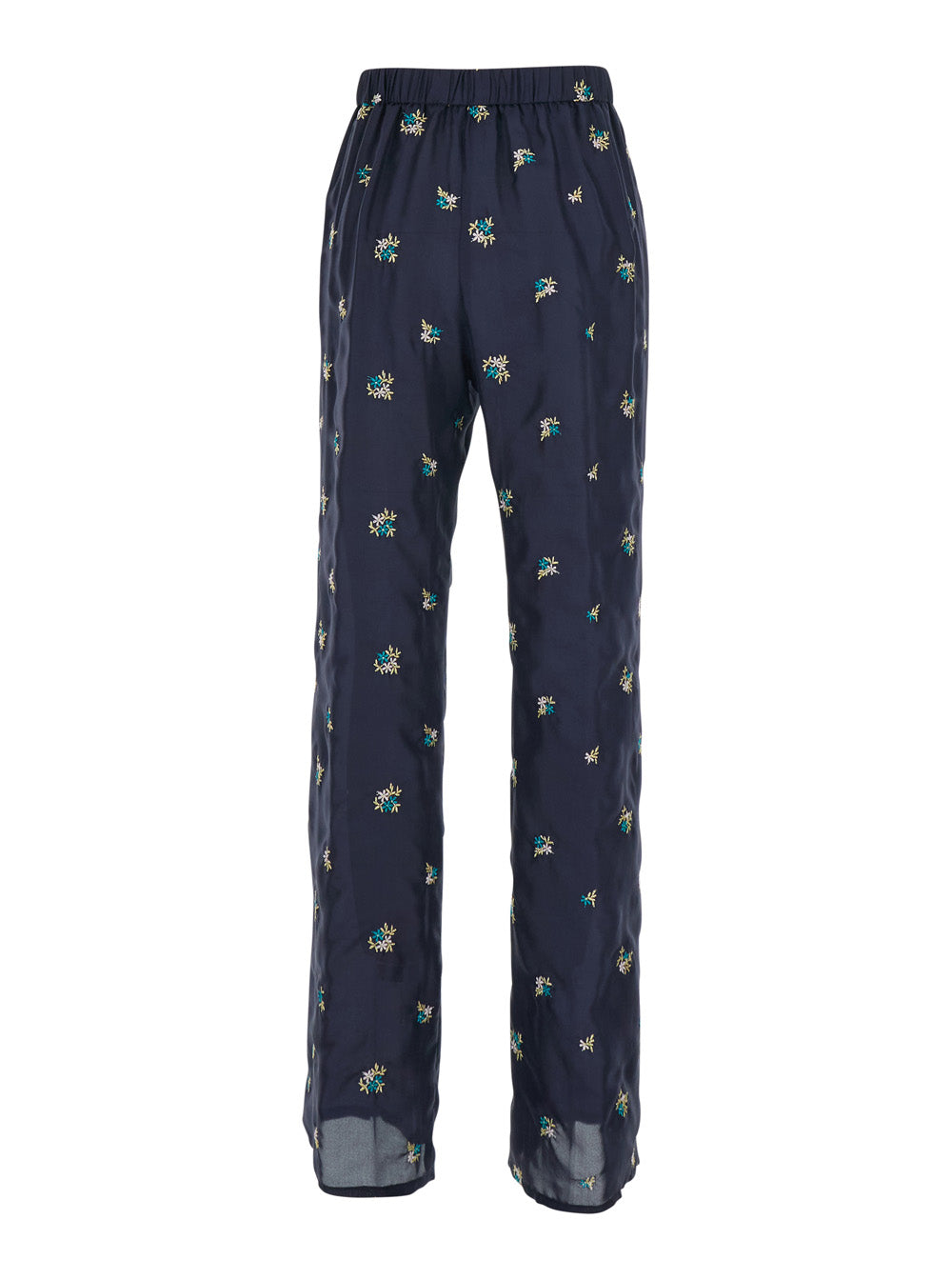 Petites Fleurs Embroidery Silk Flared Pants - Blue With Floral In Women Blu Trousers