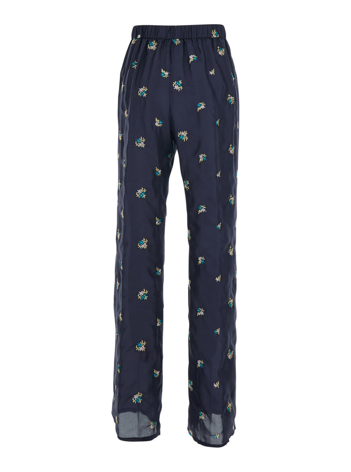 Petites Fleurs Embroidery Silk Flared Pants - Blue With Floral In Women Blu Trousers