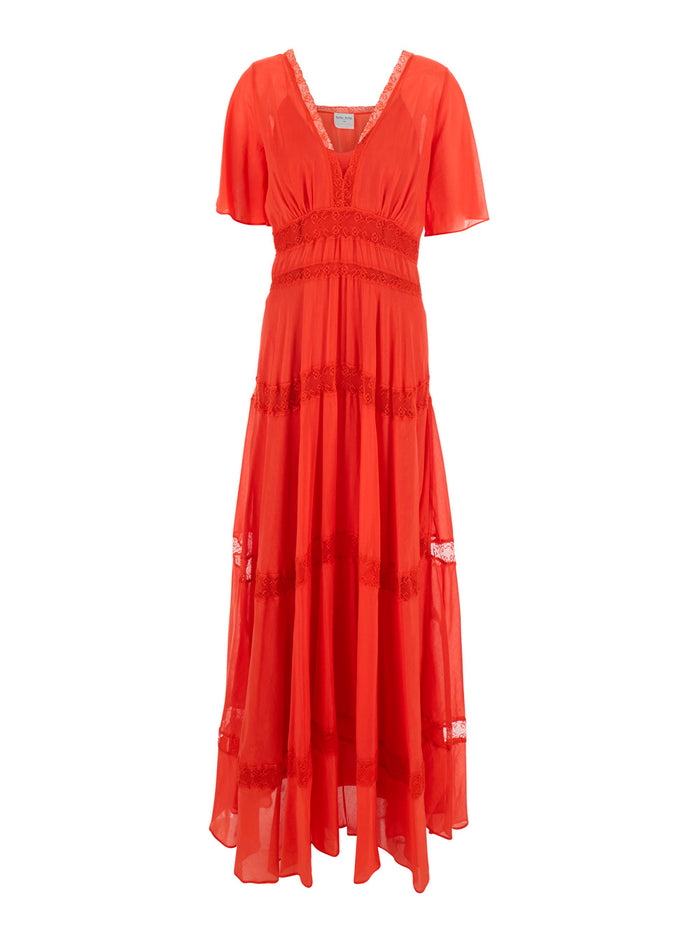 Long Dress co-se volie and lace with slip Red Details Cotton Silk Underskirt Women