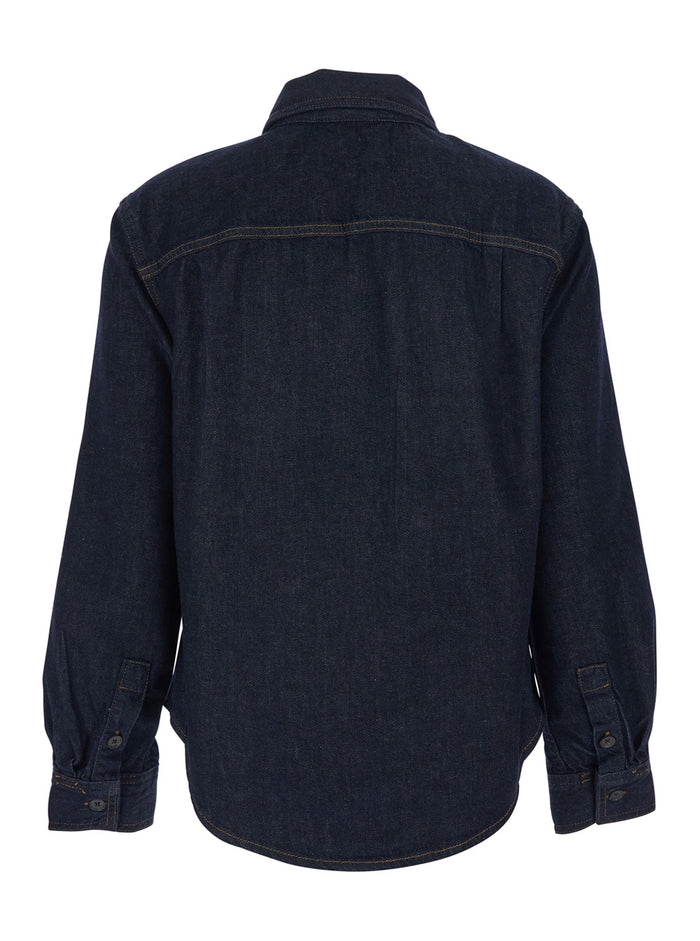 Blue Shirt with Classic Collar and Two Applied Pockets on the Chest in Womens Denim Blu Cotton Blouses