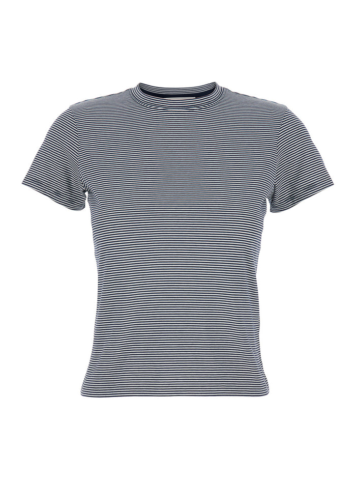 black crew neck T-shirt with striped motif in cotton woman Tshirts And Polo Shirts