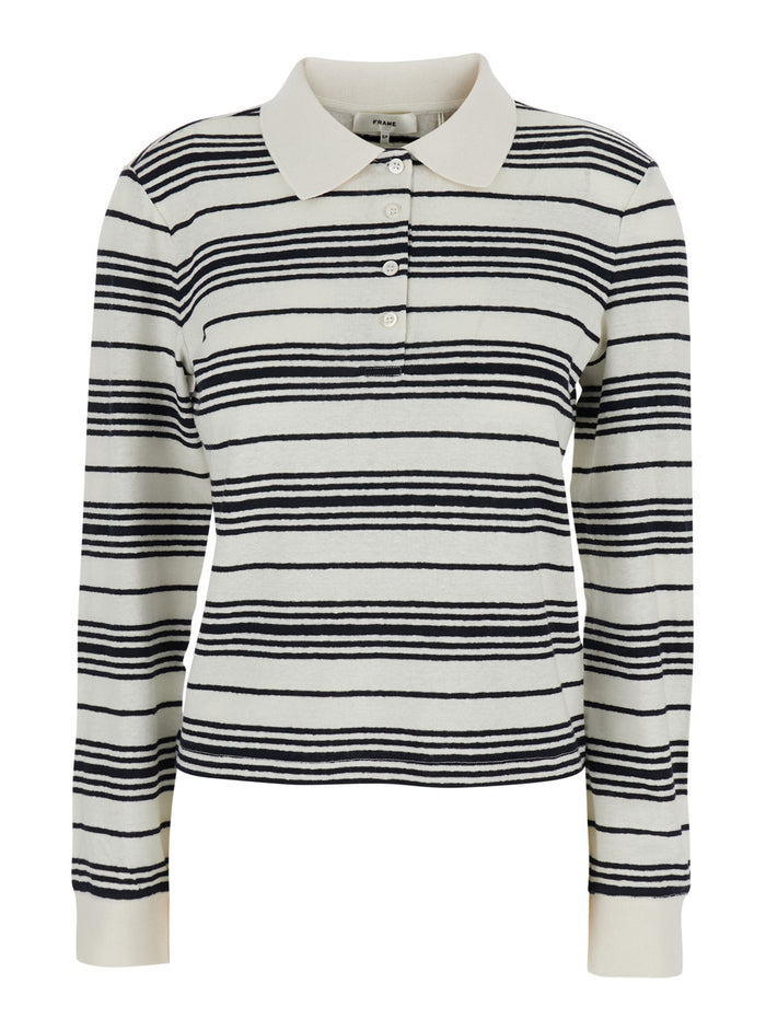 Long Sleeve Striped Polo in Black and White for Women White/black Tshirts Shirts