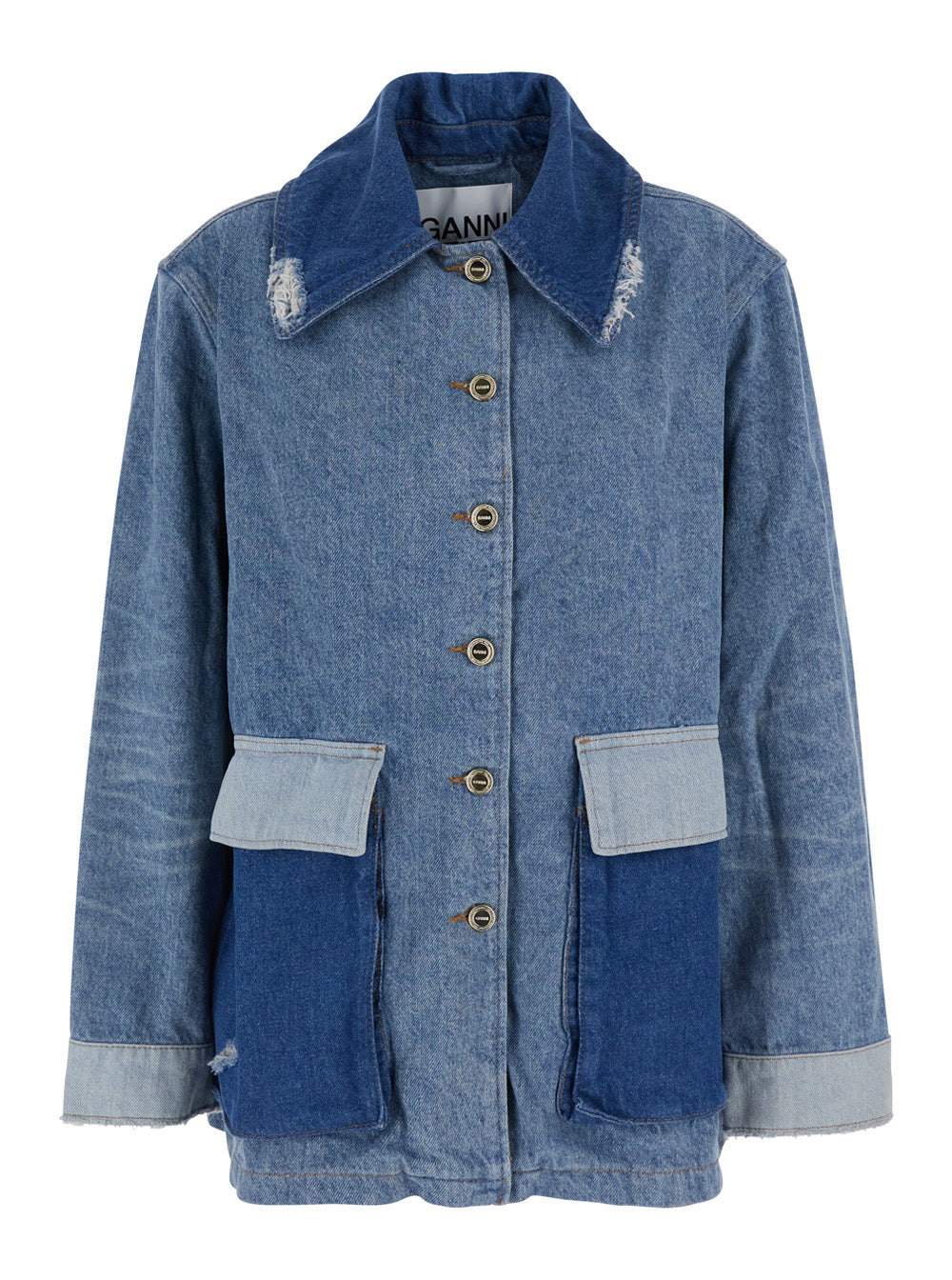 Blue Jacket With Classic Collar Fringed Details And Patchwork Design Denim For Women Blu