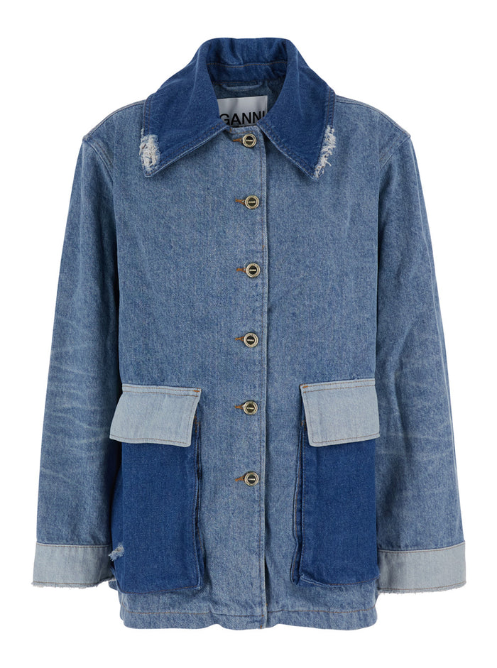 Blue Jacket With Classic Collar Fringed Details And Patchwork Design Denim For Women Blu