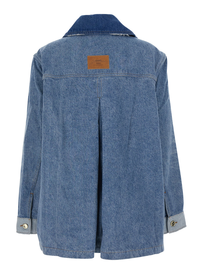 Blue Jacket With Classic Collar Fringed Details And Patchwork Design Denim For Women Blu