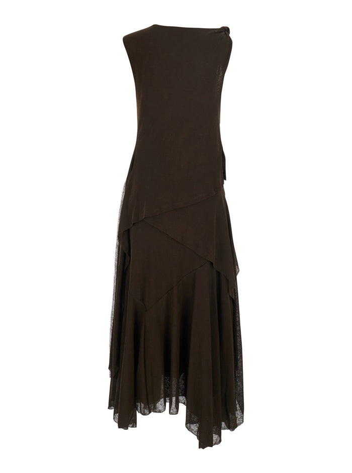 Marl Brown Long Dress With Layered Design And Knot Detail Tech Fabric Women