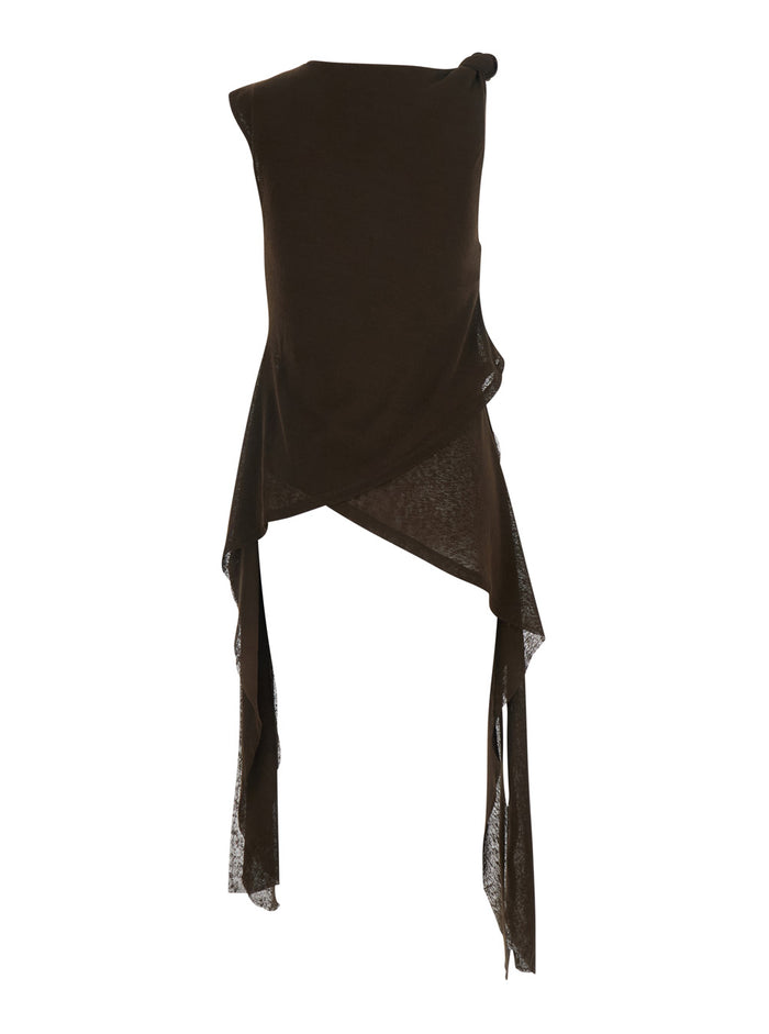 Top Marl Mesh Tie Knot Brown with V-Neck in Tech Fabric for Women Tops