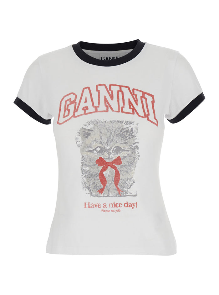 White Crew Neck T-Shirt With Large Print Cotton Women Tshirts And Polo Shirts