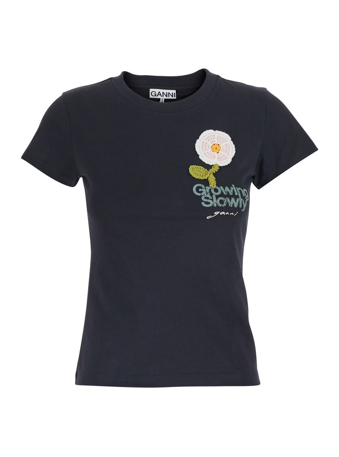 Black T-Shirt Basic Cotton Jersey Baby Fit Crochet Patch - with lace detail Women Tshirts And Polo Shirts