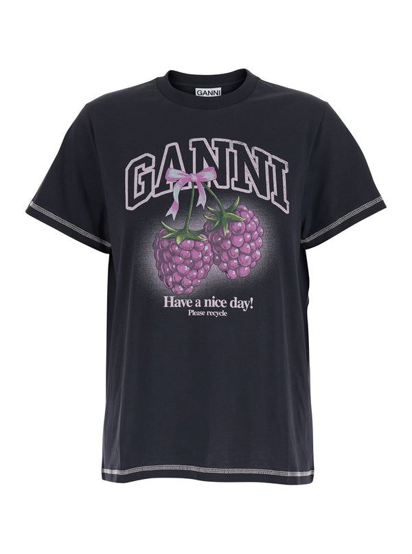 T-Shirt Basic Cotton Jersey Raspberry Print Black T-shirts & Jerseys