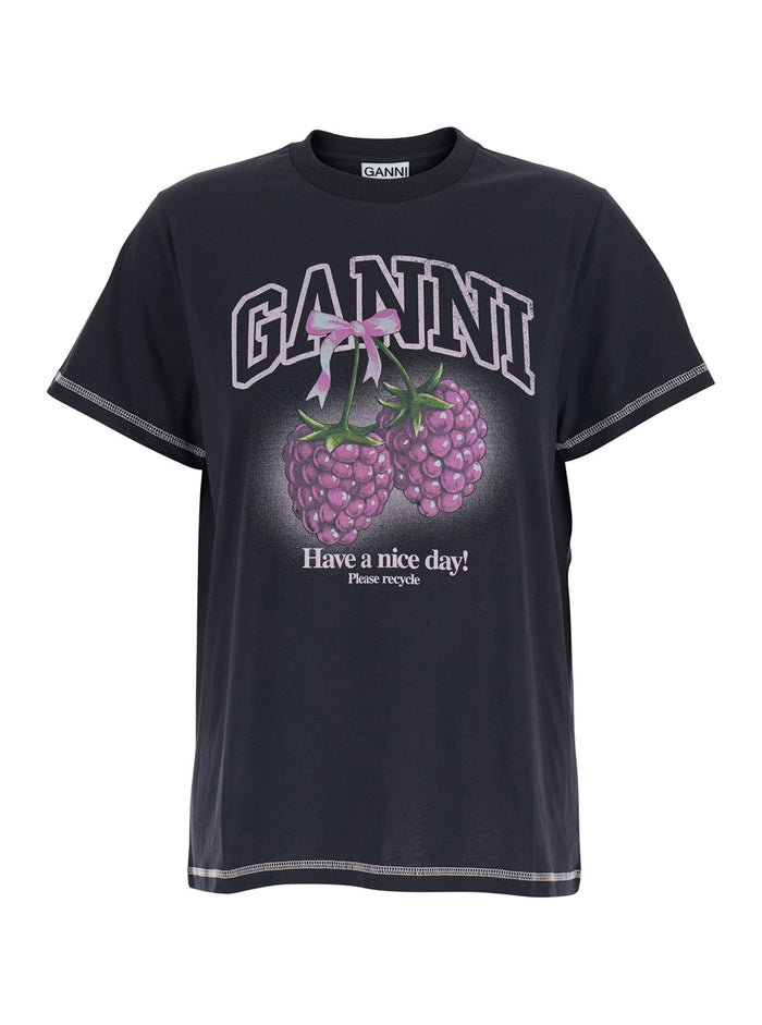 Basic Cotton Jersey Raspberry Print Black Tshirts And Polo Shirts
