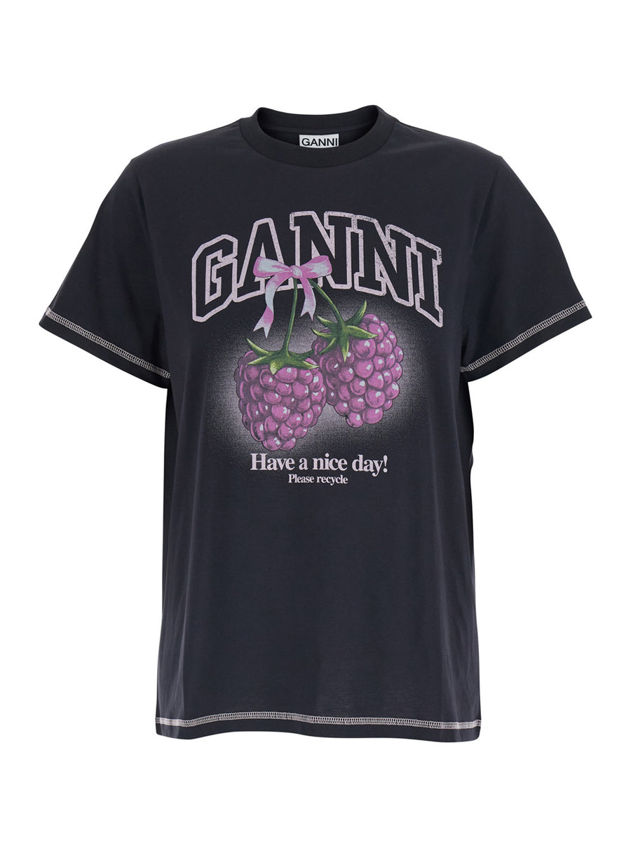 T-Shirt Basic Cotton Jersey Raspberry Print Black T-shirts & Jerseys